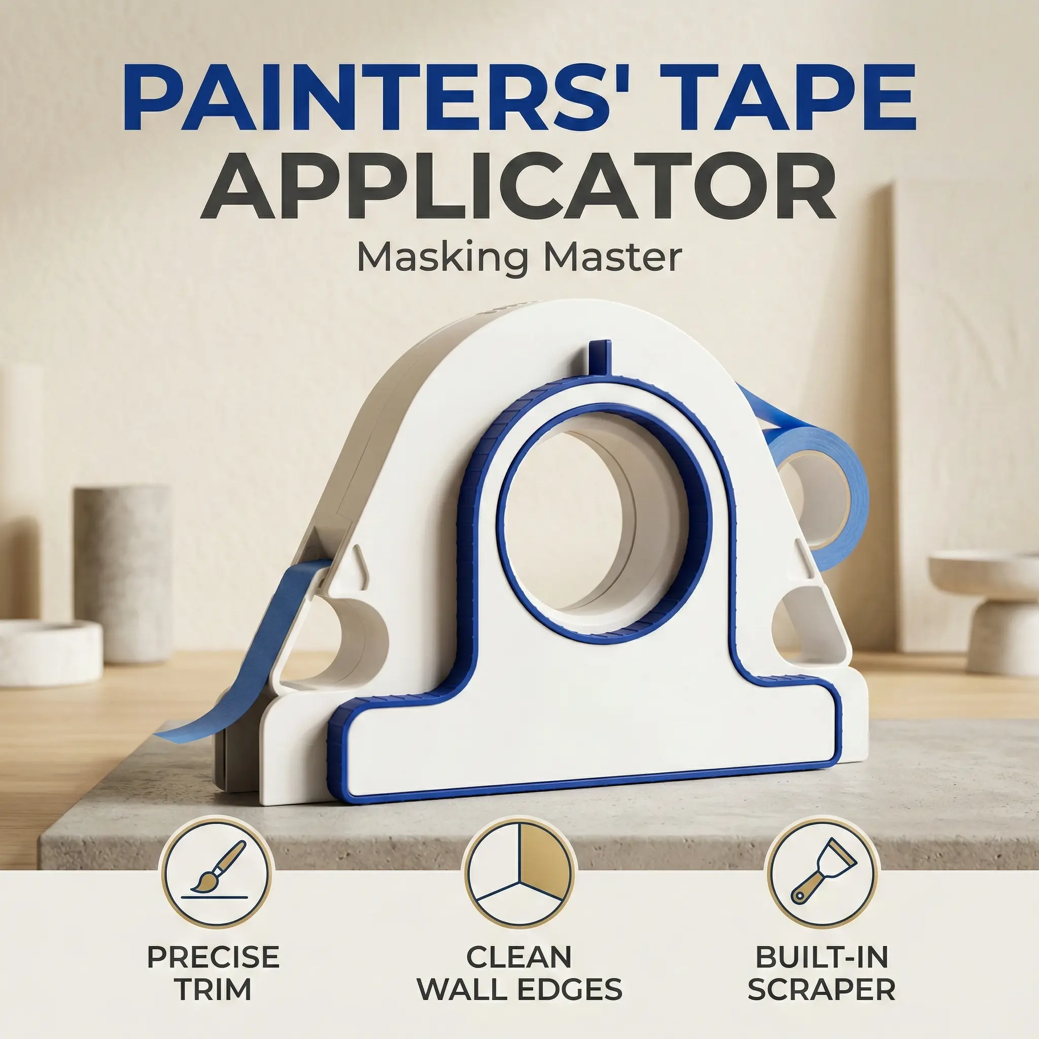 Plastic Painter's Adhesive Tape Applicator with Built-In Scraper, Precision-Cut Masking Tool for Wall & Floor Painting, Safe Fast-Efficient Cutting Dispenser