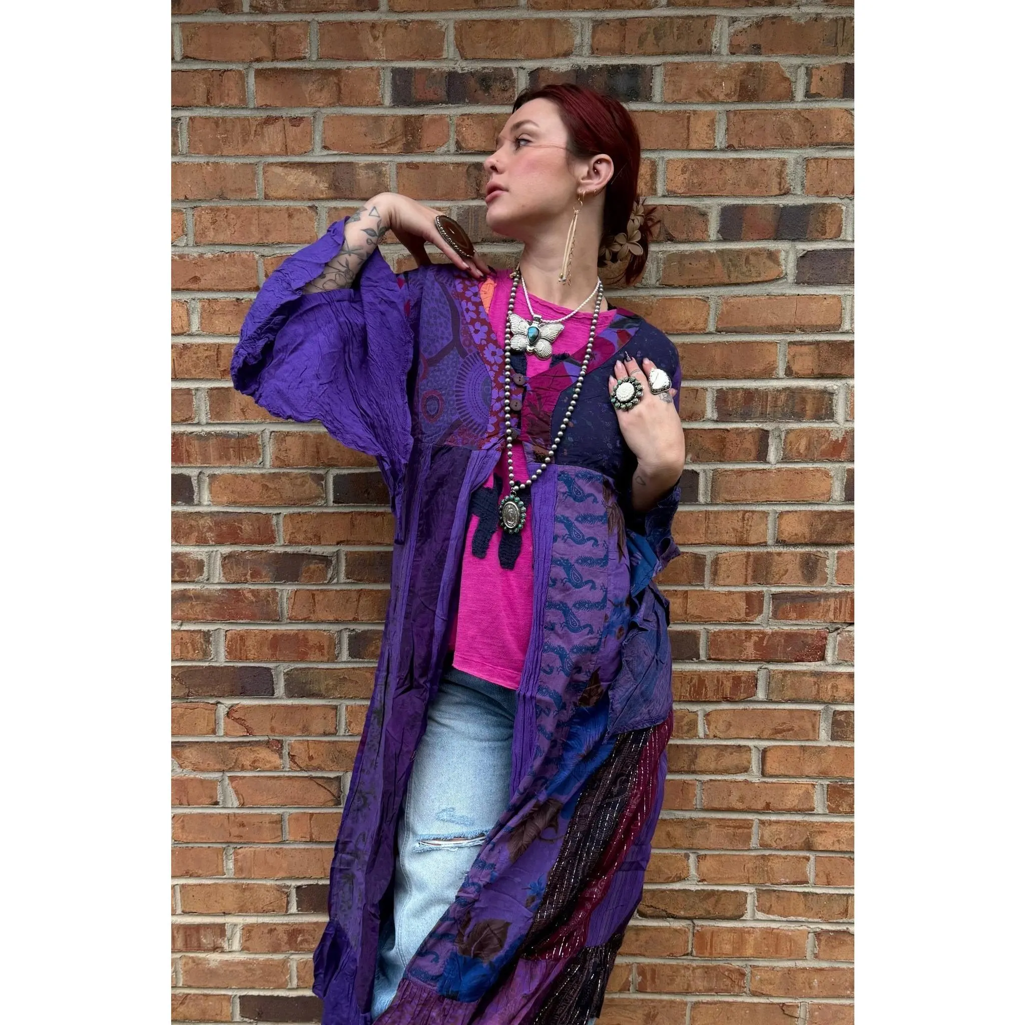 Stevie Nicks Bell Sleeve Button Front Kimono Top in Purple
