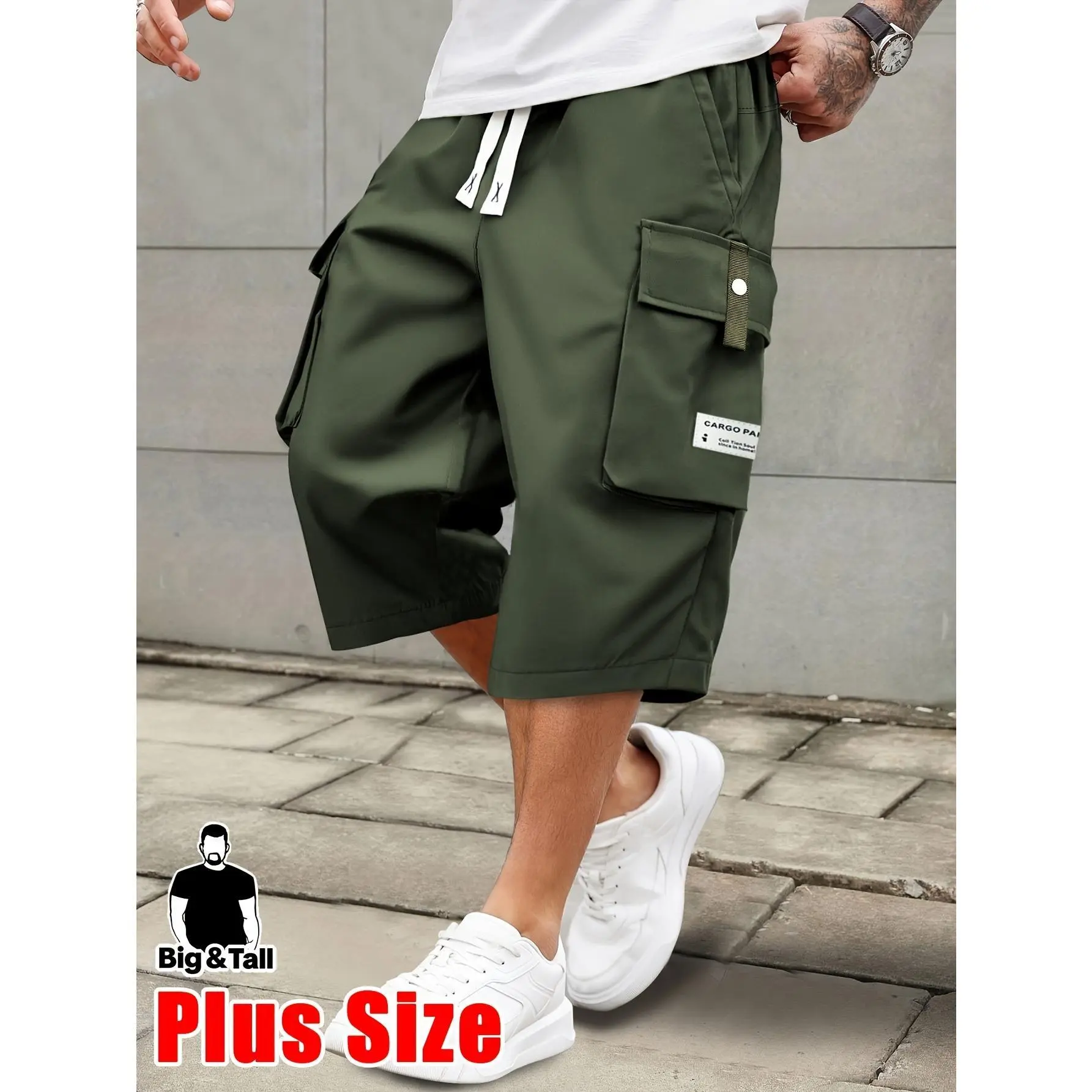 Men's Plus Size Multi-Pocket Workwear Cropped Pants – Elastic Drawstring Waist for Fit Durable Outdoor Casual Cargo Trousers with Spacious Side Pockets, Available in Big Sizes & Multiple Stylish Colors