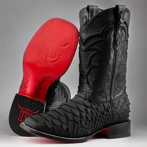 Matte Black Python Print Boots - Square Toe