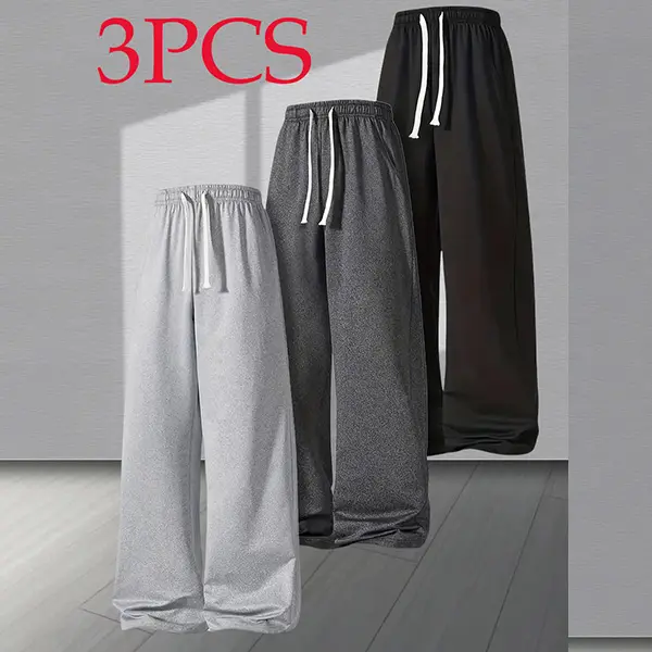 Men's Tracksuit Pants, 3-Pieces Solid Color Straight Leg Set for Casual Athletic Jogging, Workouts and Home & Leisure Wear, Running, All Seasons, 3-Pack, Home And Leisure Wear, Black + Dark Gray + Light Gray, Unisex, Fitted, Machine Washable, Full Length,