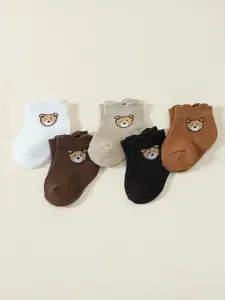 5 Pairs Cute Cartoon Bear Baby Ear Boat Socks Set, All-Season Toddler Footwear, Comfortable Casual Daily Wear, Adorable Design