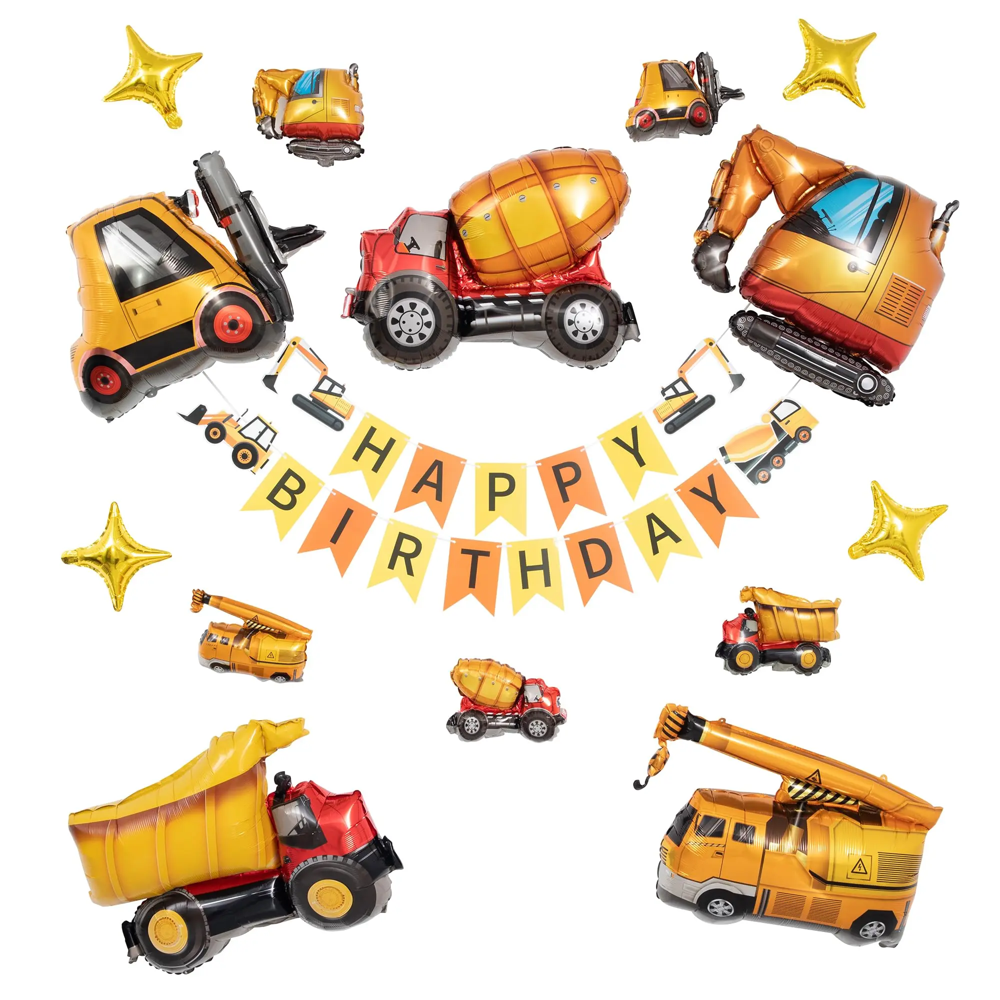 Construction Birthday Party Supplies, Dump Truck Party Decorations Kits Set with Happy Birthday Banner, 10Pcs Construction Balloons, Balloons Garland, 4Pcs Star Balloons for Kids Birthday Party Aluminum Pack