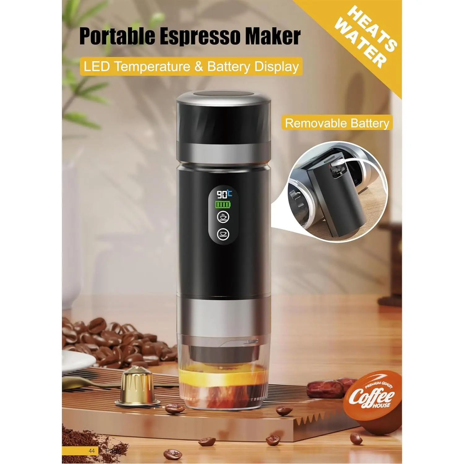 Portable Coffee Maker KF-JN-03 with Digital Display & 20 BAR Pressure  Hot  & Cold Brew, Compatible with Coffee Grounds and Capsules, Compact Single- Serve Design with Transparent Cup & 60ml Tank -