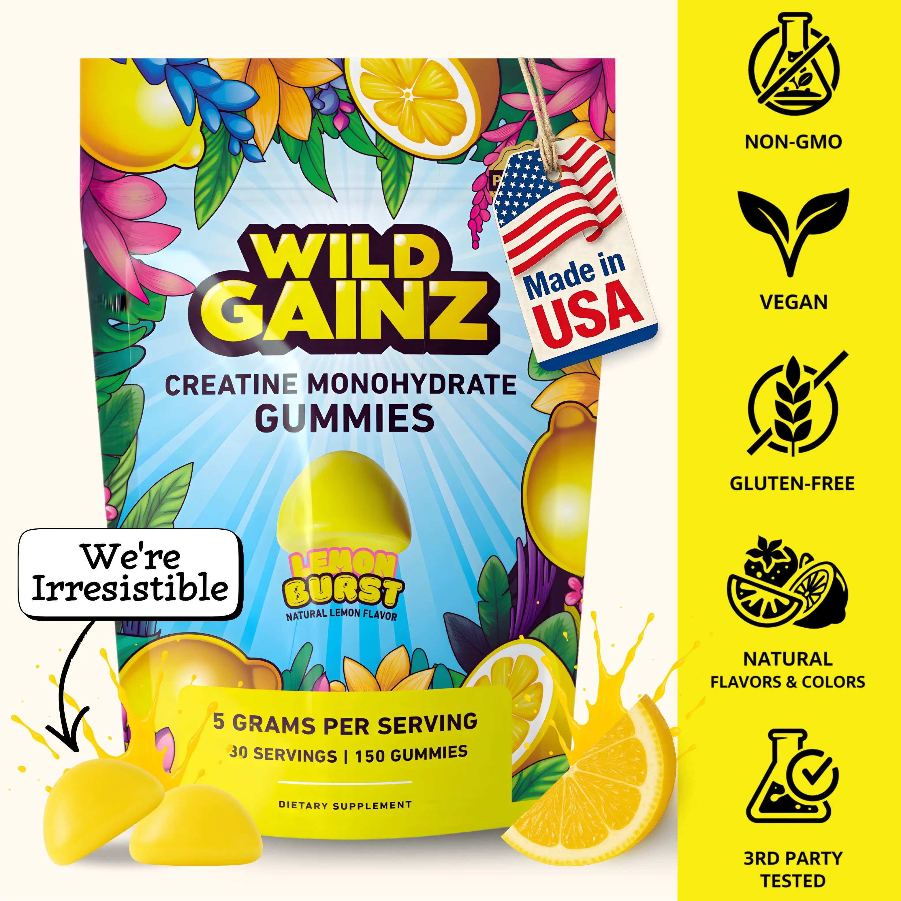 Creatine Monohydrate Gummies - 5g per Serving - Made in USA & Lab Tested - Muscle Growth & Recovery - 150 Count - Lemon Flavor Creatine Gummies - Vegan, Non-GMO, Gluten-Free, Fitness Supplement