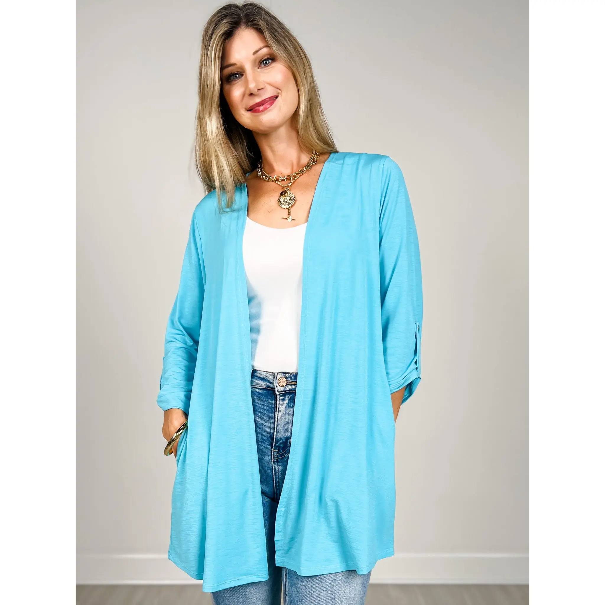 3/4 Sleeve Open Front Lightweight Cardigan in Coastal Blue