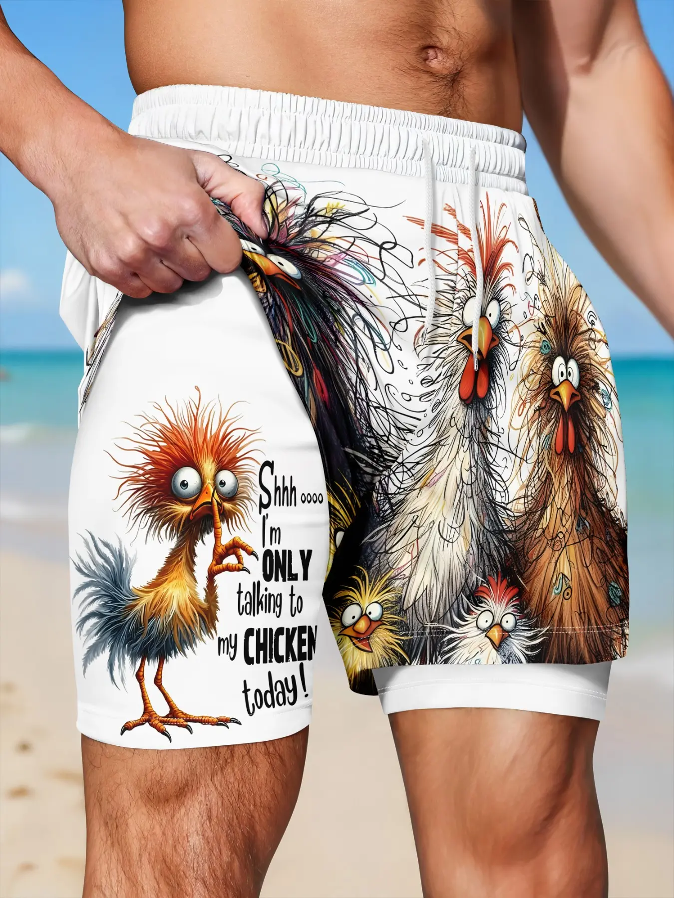 Men's Double-Layer Loose Beach Shorts, Funny Chicken Print, Cartoon Pattern, Elastic Drawstring Waist, Breathable, Casual Gym Shorts, Cartoon Graphic Shorts