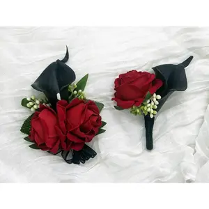 Red Rose Wrist Corsage Wristlet Band Bracelet and Men Boutonniere Set with Black Calla Lily for Wedding Flower Accessories Prom Suit Decorations