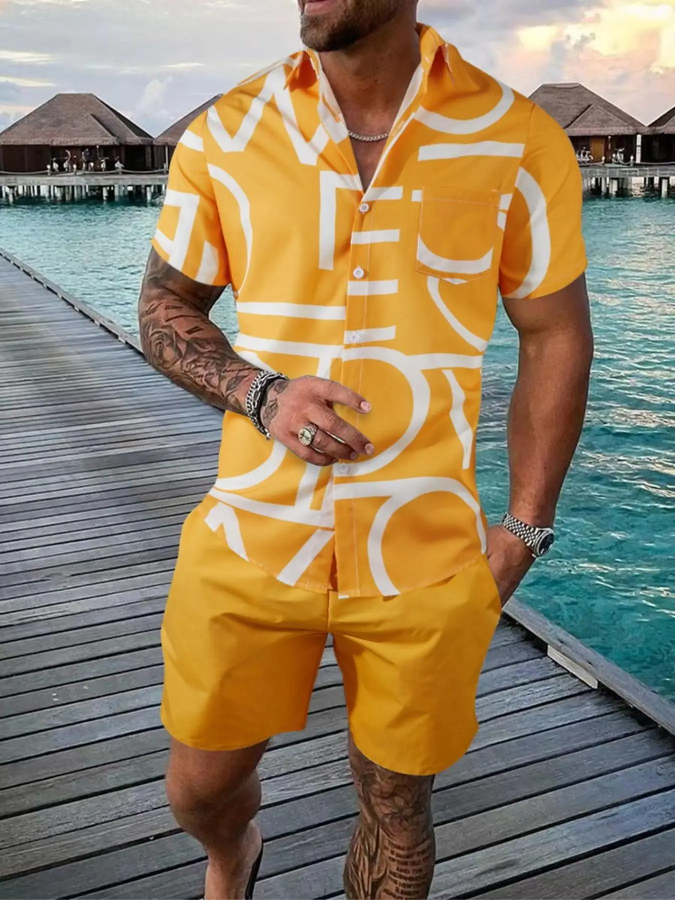 Two-Piece Set Men's Loose Button Front Short Sleeve Shirt & Drawstring Shorts, Back To School Outfits, Men's Short Set, Vacation Beach Outfits, Summer