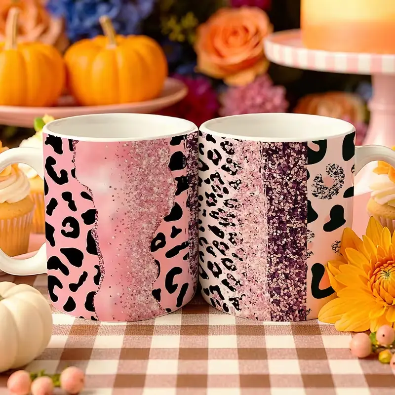 Pink Leopard Glitter Split Print Coffee Mug 11oz, Black Interior Handle ...