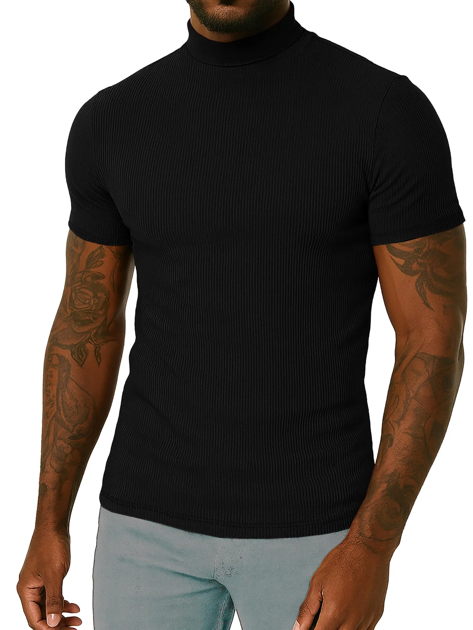 Men Mock Turtle Neck Shirt Slim Fit Short Sleeve Casual Ribbed Turtleneck Mens Undershirt - Casual Ribbed Turtlenecks Sweater Monak Men T Shirt