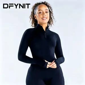 DFYNIT Impact Half Zipped — Seamless long-sleeve zip-up cropped top for women; activewear athletic compression shirts; athleisure street fit; women’s seamless half-zip long-sleeve workout top with high neck and thumb holes for gym, fitness, yoga