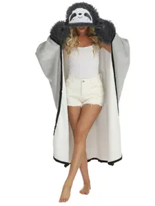 Flannel Blanket Hoodie with Gloves, Cute Sloth Cartoon Home Warm Wear, Loose-Fitting TV Blanket Coat for Fall Winter, Cozy Hooded Blanket