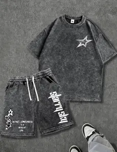 Men’s washed vintage cotton summer streetwear set featuring letter and star graphic prints; casual commuter two-piece: crewneck short-sleeve T-shirt + shorts. Retro 2000s style. Suitable for running, golf, fishing, basketball, camping, gym, swimming, and