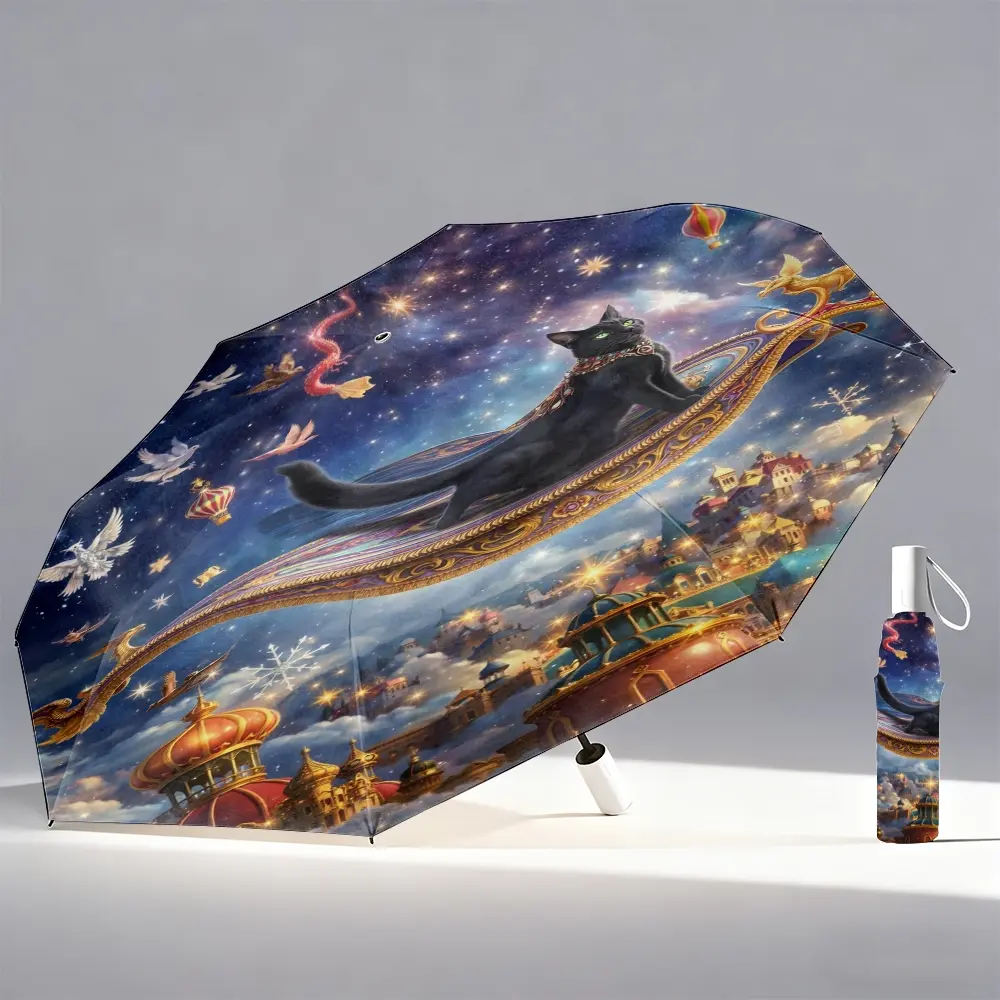Automatic folding umbrella featuring a black cat flying on a magic carpet through a fantastical cityscape. Portable and foldable design, perfect as a casual outdoor accessory and an ideal Christmas, birthday, or holiday