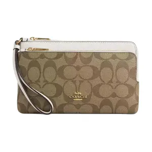 Coach Double Zip Wallet 20 for Women – Classic Monogram with Metallic Logo, Signature Coated Canvas and Pebbled Leather, Gold, Khaki, Chalk