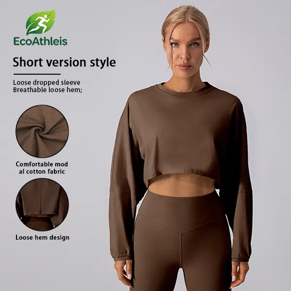 【EcoAthleis 】Loose-Fit Cropped Workout Top Breathable Fabric for Yoga Lounge & Daily Wear Short Version Style Comfortable Mod Al Cotton Fabric woman lounge