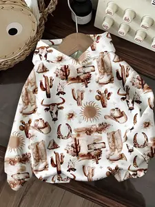Bandit Top Vintage Western Cowboy Pattern, Back-To-School Graphic Hoodie, Fitted Casual Style, Fall & Winter Wear, Women's Fashion