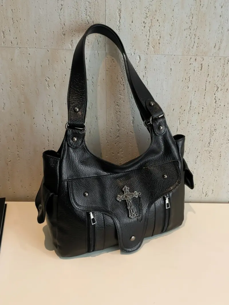 Original Self-Made Y2K Soft Leather Backpack, Dark Gothic Cross