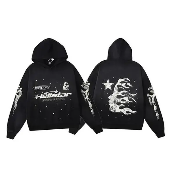Classic black Hellstar Racer tracksuit with flame print, hoodie and sweatpants, loose fit, street style.