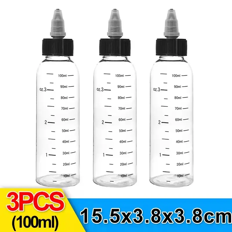 3pcs 100ML Capacity Dropper Storage Bottles Twist Cap Tattoo Ink Containers, Reusable Plastic Squeeze Bottle with Graduated Markings