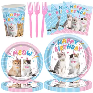 Cat Birthday Decoration Set, 84-Piece Cat Theme Party Decorations, Includes Plates Napkins Cups Balloons, for 16 People