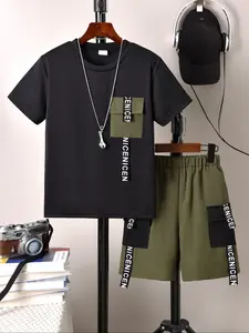 Two-piece Set Boy's Colorblock Pocket Short Sleeve Tee & Elastic Waist Shorts, Casual Round Neck T-shirt & Track Shorts for Summer, Kids Clothes for Daily Wear, Clothing Set, Clothes Sets