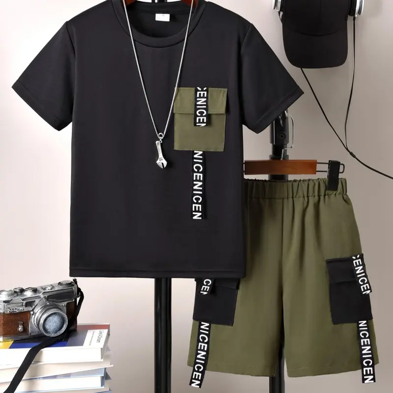 Two-piece Set Boy's Colorblock Pocket Short Sleeve Tee & Elastic Waist Shorts, Top and Shorts, Sportswear Set, Kids Clothing, Casual Round Neck T-shirt & Track Shorts for Summer, Kids Clothes for Daily Wear