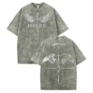 Men’s summer washed cotton T-shirt featuring a distressed look. On the front is a broken sword print with an angel’s wing motif; on the upper part, “HOPE”; on the back, a Bible verse pattern. In the center are a complete long sword and a pair of large ang