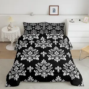 Adults Gothic Comforter Set,Vintage Black Floral Damask Bedding,Bohemian Antique Victorian Baroque Quilt,Boho Exotic Flower Floral Duvet Insert