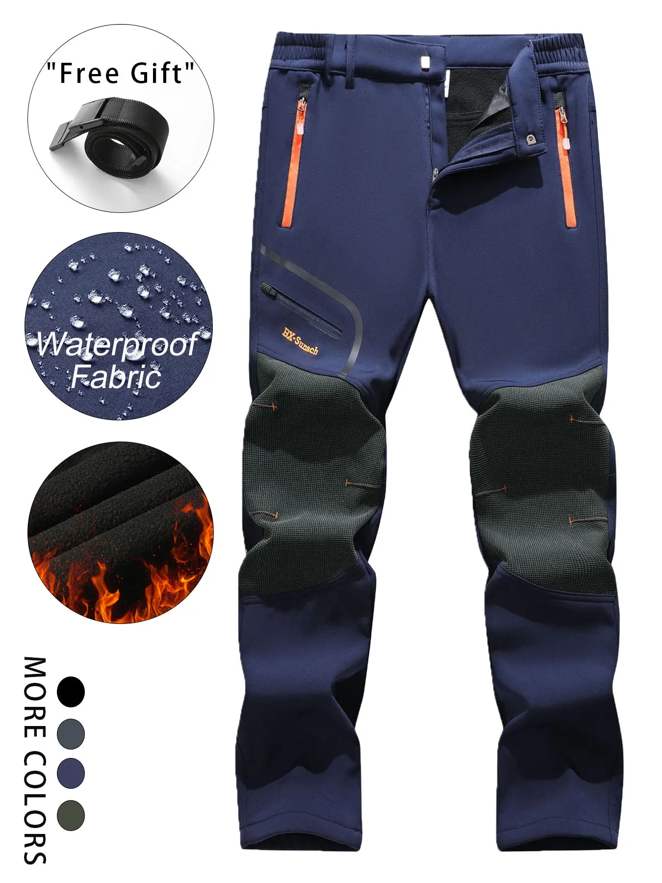 Outdoor Softshell Waterproof Windproof Reinforced Knees Multiple Zipper Pockets Belted Pants for Hiking, Skiing and Cycling Activewear