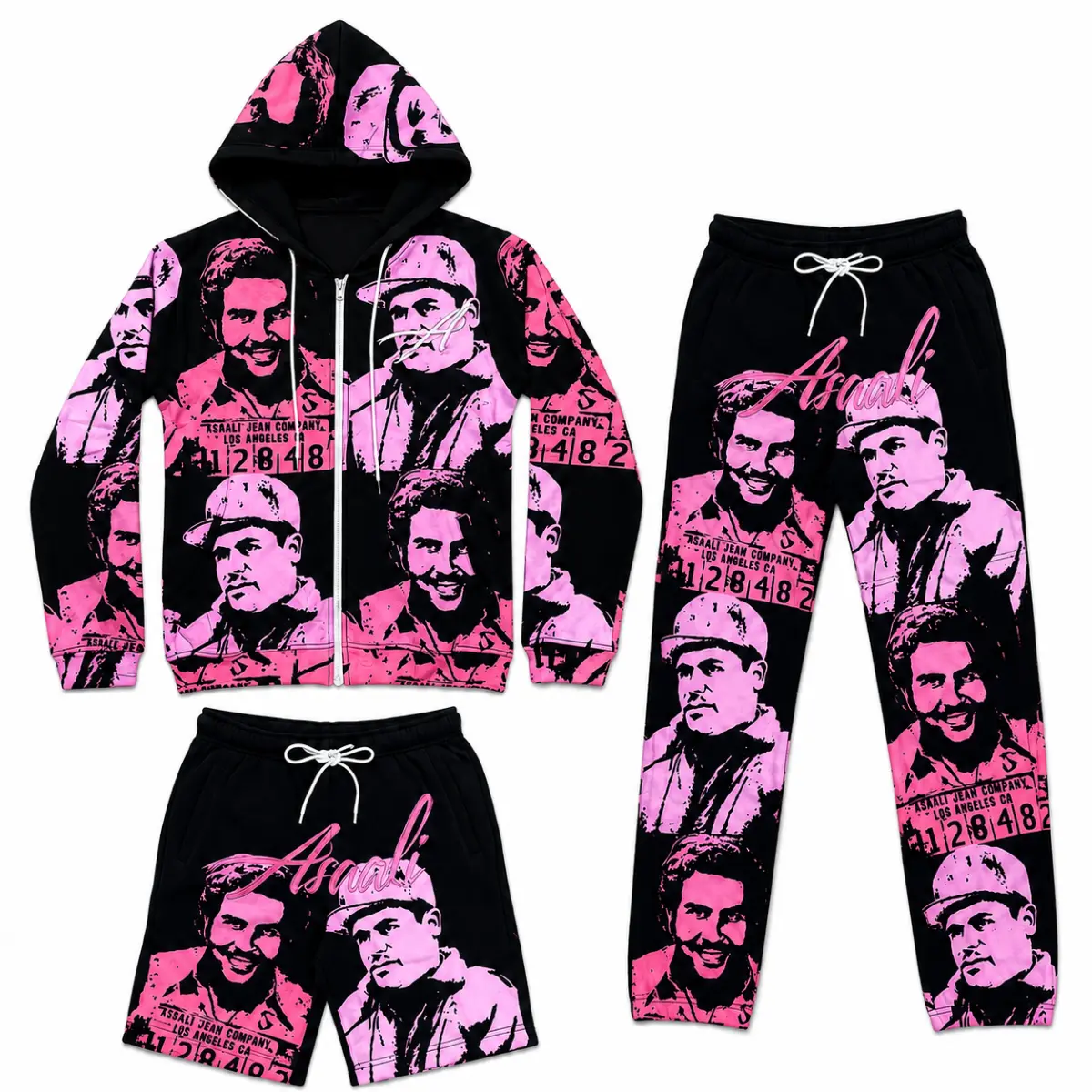 Asa.li Vintage Mugshot Graphic 3 Piece Tracksuit Set, Zip Up Hoodie Jogger Pants & Shorts, Urban Streetwear Matching Outfit