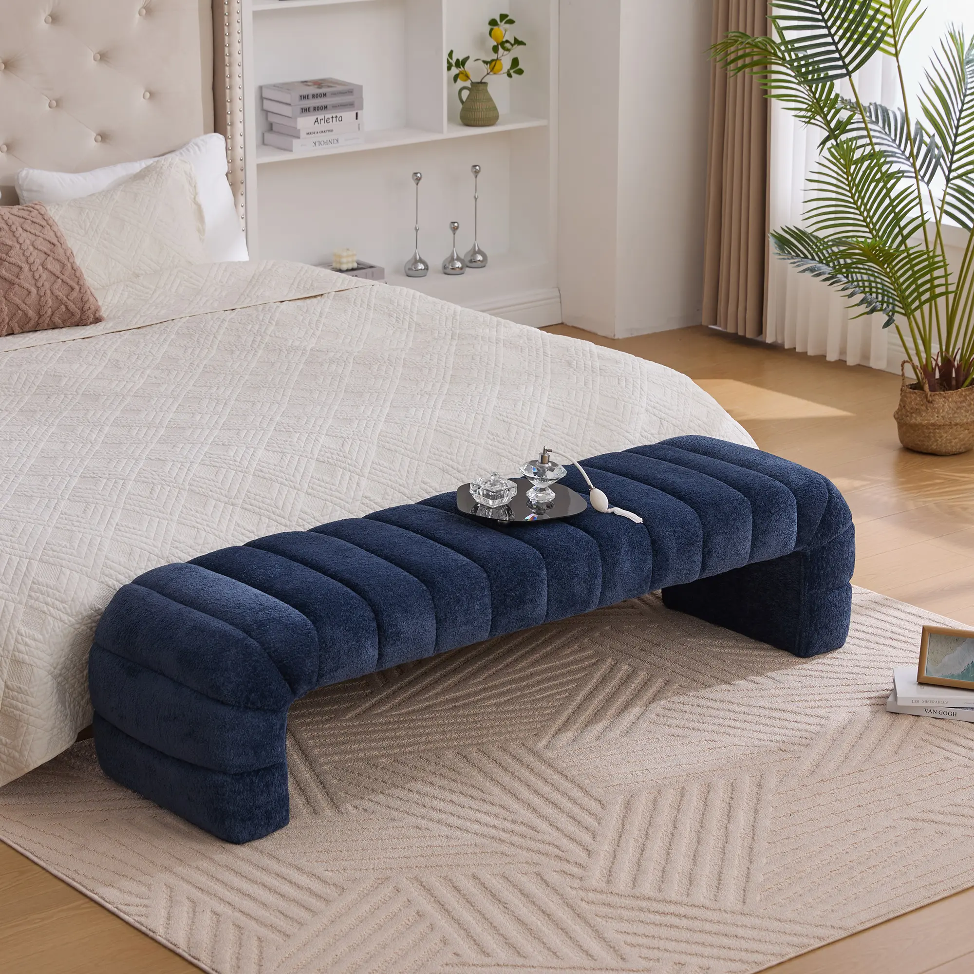 Upholstered Armless Bench, 69.7" Wide, Channel Tufted Chenille Daybed and Ottoman for Living Room, Bedroom, Entryway, Navy