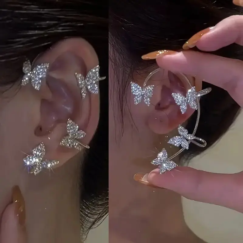 Elegant Vintage Alloy Ear Cuff Set, Earring Stacking Set, Synthetic Zircon Butterfly Earrings, No Piercing Loop Earrings for Women, Daily & Gift Use, All Seasons, Sparkling Ear Jewelry