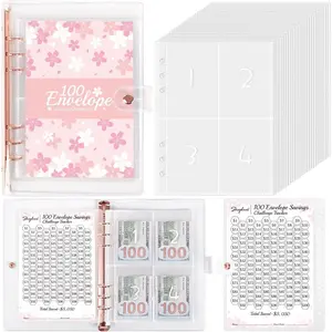 100 Envelopes Challenge Binder with Laminated $5050 Tracker Sheet & Pre-numbered Pockets (Pink)