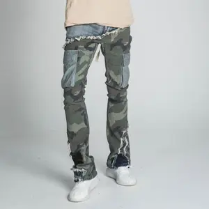 Armor Jeans Camo vs Denim Contrast, Stacked Jeans for Men 2024 Streetwear Pants, Stretchable Cotton Fabric Full Length Menswear Camouflage Cargo Pocket Stylish Clothing