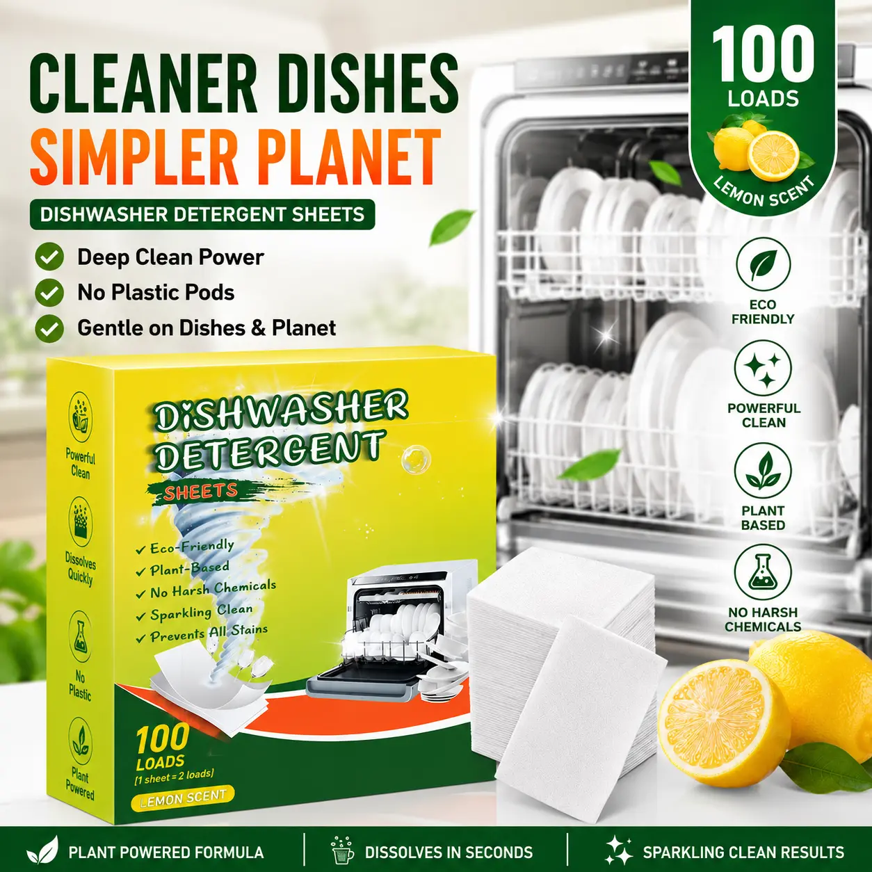YUCO Dishwasher Detergent Sheets 100 Load Lemon Scent, Liquid-Free Dish Soap Cleaner Strips Eco-Friendly No Plastic Dishwasher Pods Detergent, Use in Dishwasher or Sink, Leaving Dishes Sparkling Clean