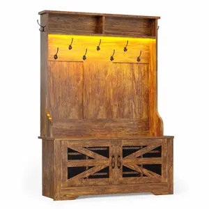 Sikaic 43.3 Inches Hall Tree with Bench and Shoe Storage Rustic Brown Wood Cabinet Chest