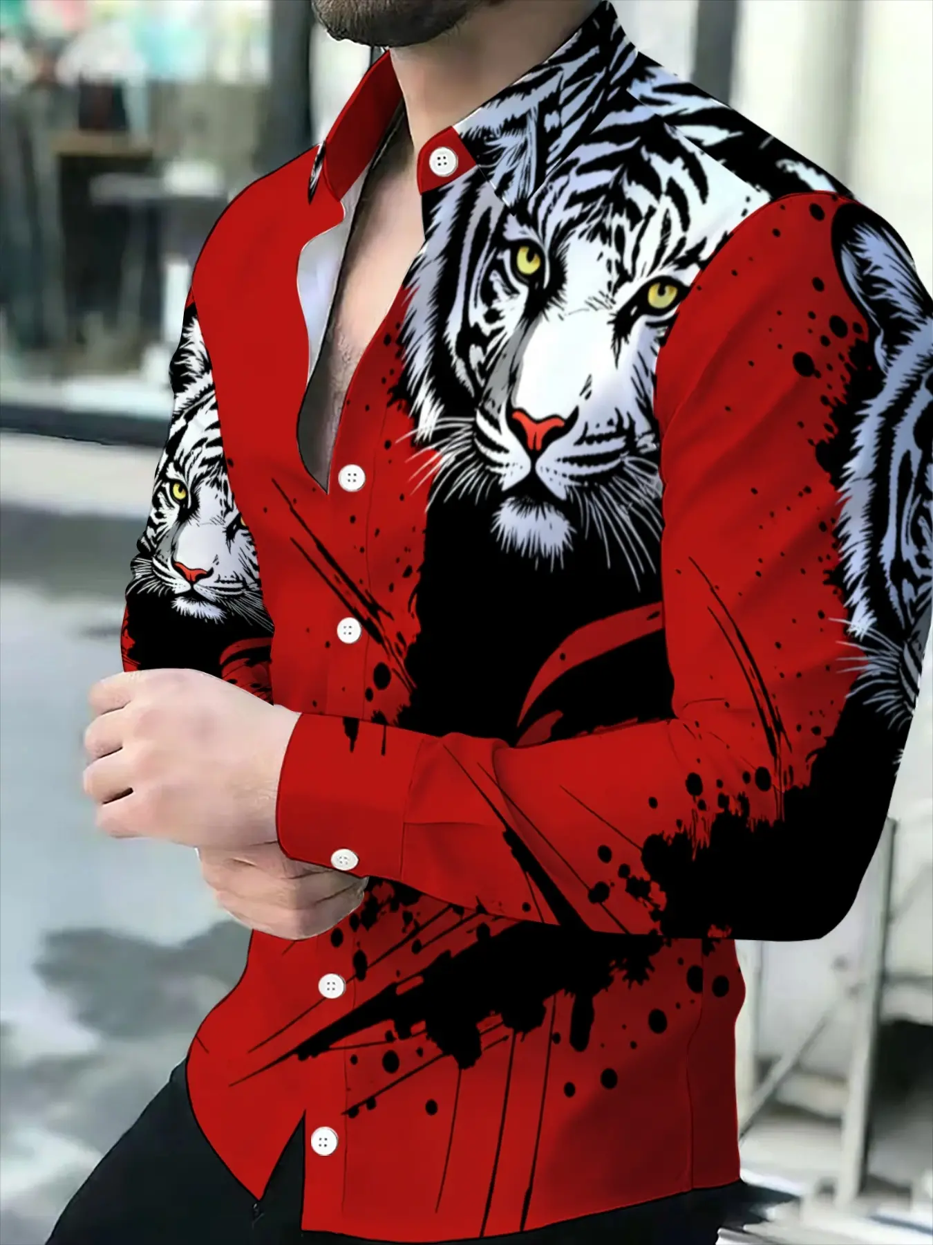 Red & Black Tiger Printed Men's Trendy Long Sleeve Shirt Casual Top