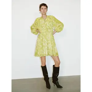 URBAN REVIVO 2026 Women's Stretchy Printed Long-Sleeve Shirred A-Line Swing Casual Dress - Thin Polyester Fabric, Elegant Daily Wear, Longsleeves