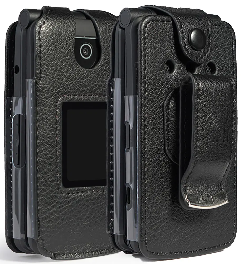 Case for Coolpad Snap Phone, Nakedcellphone [Black Vegan Leather] Form-Fit Cover with [Built-In Screen Protection] and [Metal Belt Clip] for Coolpad Snap Flip Phone (3312A/3311A)