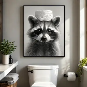 Raccoon Bathroom Wall Art Raccoon Toilet Paper Painting Funny Animal Bathroom Canvas Wall Art Black and White Animal Toilet Pictures for Bath Restroom Wall Decor Framed 12X16 inch