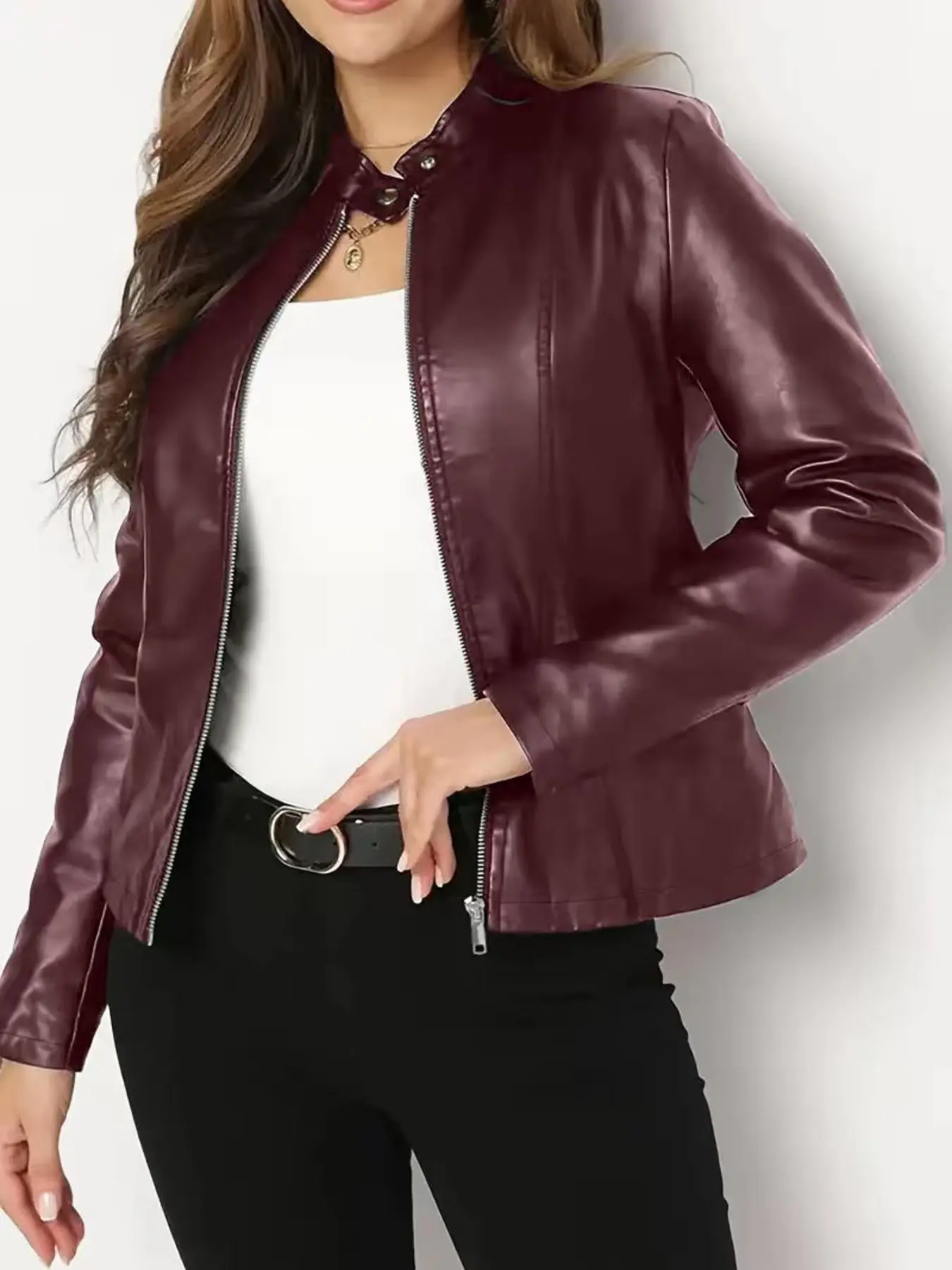 Women's Fashion Simple PU Leather Motorcycle Jacket, Stand Collar Long Sleeve Zipper Design, Slim Fit Short Coat for All Seasons, Collared Outerwear