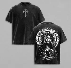 Praying Nun Vintage Washed Graphic Tee | Tattoo Art Gothic Cross Christian Streetwear | Alternative Valentine Shirt & Jesus Apparel