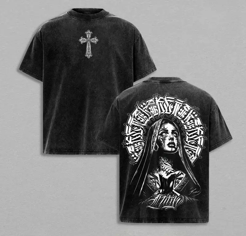 Praying Nun Vintage Washed Graphic Tee | Tattoo Art Gothic Cross Christian Streetwear | Alternative Valentine Shirt & Jesus Apparel