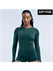 (with logo) DFYNE Seamless Long Sleeve Workout Top – Thumb Hole Compression Gym Shirt for Women