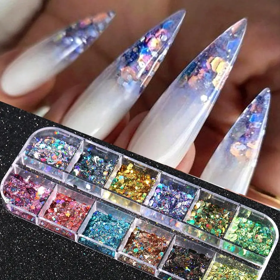12 Grids Iridescent Nail Art Sequins Laser Mirror Hexagon Glitter Flake Paillette Holographic Spangles DIY Manicure Decor Slices
