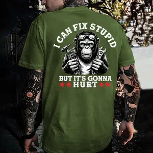 Monkeysober Pure Cotton Men's Suitable For All Seasons I Can Fix Stupid But It's Gonna Hurt Monkey T-shirt Short Sleeve Fitted Crew Neck Casual Rock Style Summer Medium Length 100% Cotton Made In USA Cotton Menswear Man Tshirt Streetwear Tropical