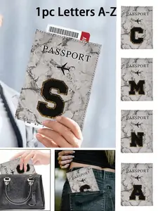 Vintage Business Passport Holder, A-Z Letter Embroidery, Unisex PU Leather Travel Wallet, Portable Design, All Seasons Use