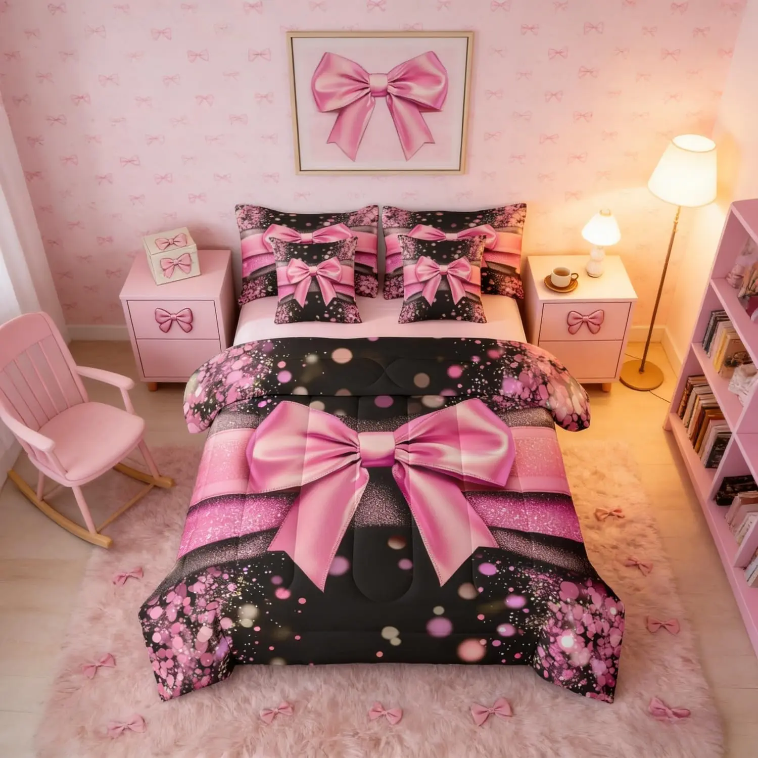 Pink Bows Comforter Set 7 Pieces,Princess Bowknot Cute Bed in A Bag,Bowtie Bedding Set with Comforters,Sheets,Pillowcases Dreamy Kawaii Bedroom Decor